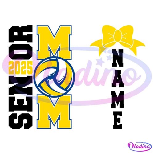 A graphic design with the text "MOM" vertically aligned in blue and yellow letters, with a volleyball replacing the "O". The year "2025" is written in yellow beside the "M". A yellow bow is positioned to the right of the design.