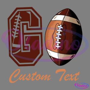 Illustration featuring a large letter "G" with a football design inside it, next to a detailed drawing of an American football. Below this, the words "Custom Text" are displayed in a cursive font. The color scheme is primarily shades of brown and tan.