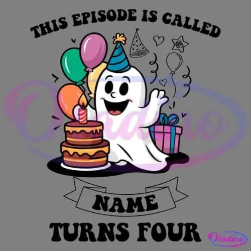 A cheerful cartoon ghost wearing a blue party hat waves while holding a purple and pink gift. In front of the ghost is a two-tiered birthday cake with a lit candle on top, and colorful balloons are floating nearby.