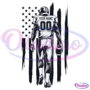 Illustration of an American football player holding a football and walking away, facing a flag background. The player's jersey says "YOUR NAME" with the number "00". The image is in black, white, and gray tones.