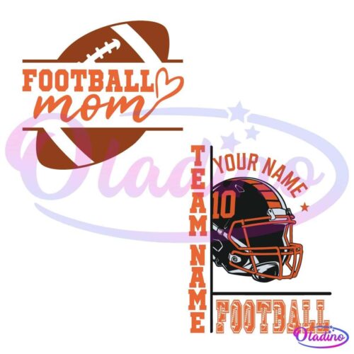 The image features two football-themed designs. The first has a football with the text "Football Mom" in brown and white. The second design includes a football helmet with the text "Team Name Football" and placeholders for "Your Name" and "10".