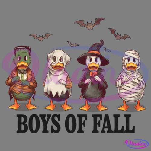 An illustration of four ducks dressed in Halloween costumes. From left to right, they are dressed as Frankenstein's monster, a ghost, a witch, and a mummy. There are bats flying above them, and the text "BOYS OF FALL" is written below.