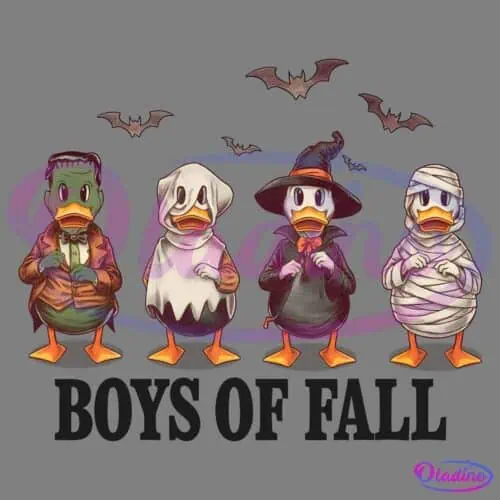 An illustration of four ducks dressed in Halloween costumes. From left to right, they are dressed as Frankenstein's monster, a ghost, a witch, and a mummy. There are bats flying above them, and the text "BOYS OF FALL" is written below.