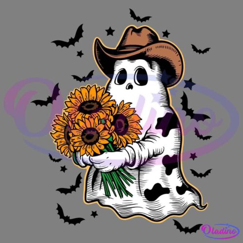 A cartoon ghost, covered in a white sheet with black cow-like spots, wears a brown cowboy hat and holds a large bouquet of sunflowers. The background is black.