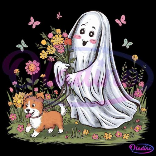 A cheerful ghost wearing a white sheet holds a bouquet of colorful flowers while walking a happy brown and white dog on a leash. They are surrounded by blooming flowers, butterflies, and greenery in a whimsical garden setting.