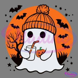 A cute ghost wearing a knitted beanie hat, sipping from a straw in a glass, and holding a small jack-o'-lantern. The background features a full moon, flying bats, and a spooky tree silhouette, all in a Halloween theme.