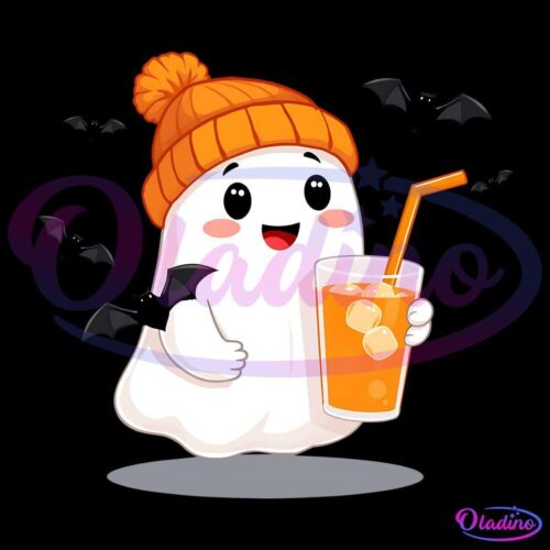 A cute cartoon ghost wearing an orange beanie holds a glass of iced orange juice with a straw. Small black bats fly around the ghost, adding a fun Halloween touch to the scene. The ghost has a happy expression with blush and big eyes.