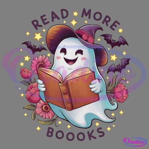 A cheerful ghost wearing a witch hat reads an open book adorned with stars and surrounded by flowers and bats. Above and below the ghost, there is text that reads "READ MORE BOOOKS" in a playful font.