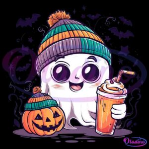 A cute cartoon ghost wearing a colorful hat holds a pumpkin spice latte with whipped cream and a straw. Beside it is a carved pumpkin with a happy face. The background features stars and bats, adding to the Halloween theme.