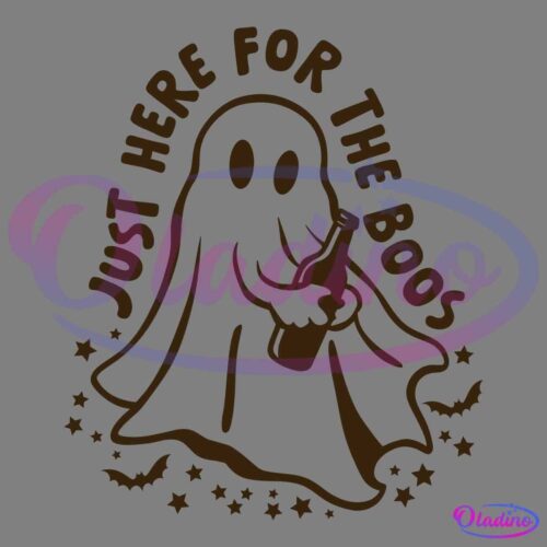 A ghost holding a beer bottle is surrounded by stars and bats. Above the ghost, the text reads "Just here for the boos" in playful, curved letters. The overall style is whimsical and Halloween-themed with dark brown coloring.