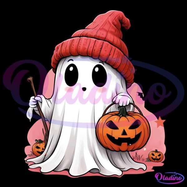 A cute ghost wearing a red knitted hat holds a pumpkin-shaped bucket and a walking stick. The ghost has large, wide eyes and rosy cheeks, with a small eerie background featuring a couple of small pumpkins scattered around.