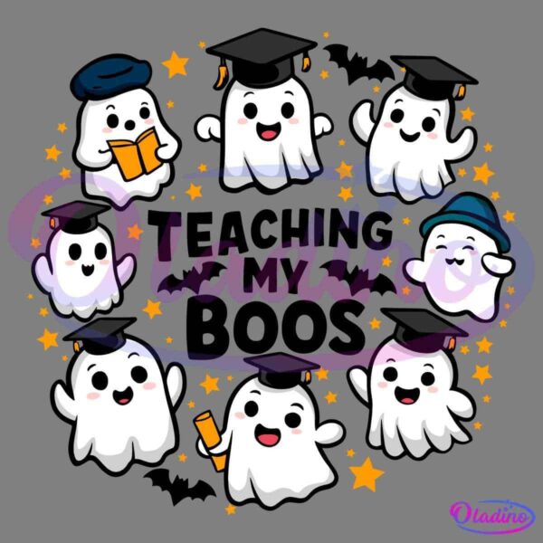 A circle of cute, smiling ghost characters wearing graduation caps and holding diplomas, surrounded by small yellow stars on a black background. Some ghosts have different expressions and accessories, adding variety and cheerfulness to the celebration.