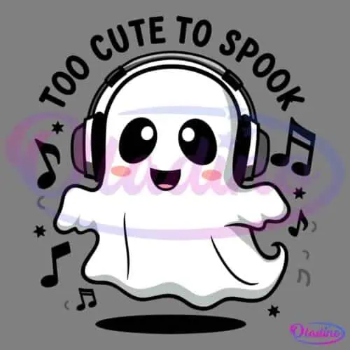 A cute cartoon ghost with big black eyes and a happy expression, blushing cheeks, and a wide smile. The ghost is wearing large black headphones and appears to be floating on a black background.