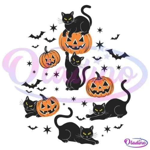 Illustration of multiple black cats with yellow eyes playfully interacting with carved Halloween pumpkins. The background features stars and flying bats, adding to the spooky Halloween theme.