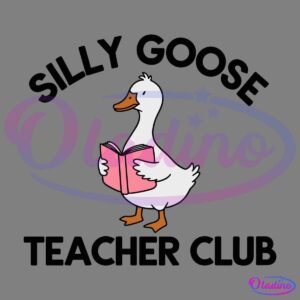 Illustration of a white goose holding a pink book. The text "Silly Goose Teacher Club" is arched above and below the goose. The image has a simple, cartoon-like style and is set against a black background.