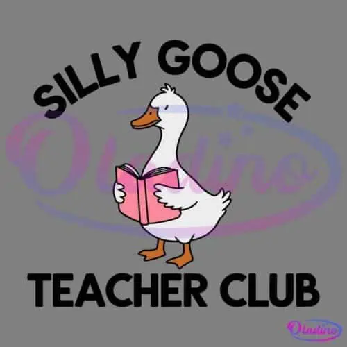 Illustration of a white goose holding a pink book. The text "Silly Goose Teacher Club" is arched above and below the goose. The image has a simple, cartoon-like style and is set against a black background.