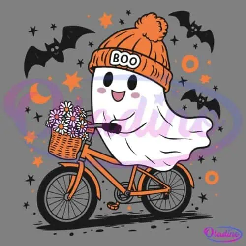 A cute ghost wearing an orange beanie with the word "BOO" rides an orange bicycle. The bike's basket contains white flowers. The background features stars, bats, a crescent moon, and orange circles, creating a playful Halloween theme.