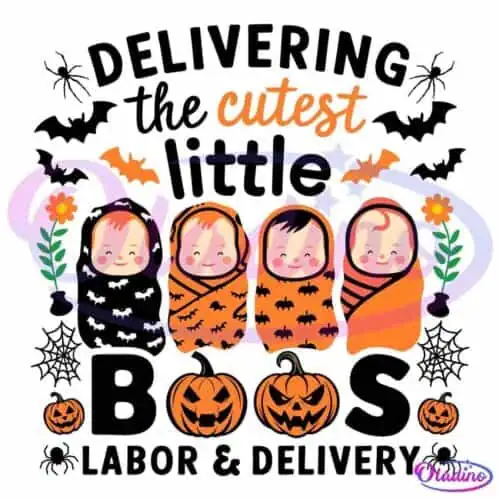 Illustration of four smiling babies wrapped in Halloween-themed blankets decorated with bats, pumpkins, and black cats. They are surrounded by flowers, bats, and three carved pumpkins with cute expressions. The word "cutest" is written above them.