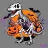 Illustration of a dinosaur skeleton holding a jack-o'-lantern bucket, standing in front of a large, orange full moon with bat silhouettes and a leafless tree in the background. The scene evokes a spooky, Halloween-themed atmosphere.