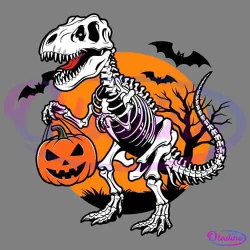 Illustration of a dinosaur skeleton holding a jack-o'-lantern bucket, standing in front of a large, orange full moon with bat silhouettes and a leafless tree in the background. The scene evokes a spooky, Halloween-themed atmosphere.