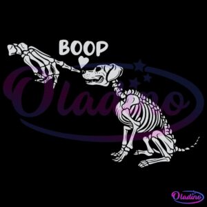 A black background image featuring a dog skeleton sitting with its nose touching the finger bone of a human skeleton hand. The word "BOOP" is written near the touching point, with a small heart shape underneath.