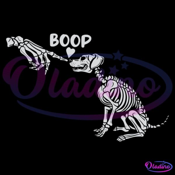 A black background image featuring a dog skeleton sitting with its nose touching the finger bone of a human skeleton hand. The word "BOOP" is written near the touching point, with a small heart shape underneath.