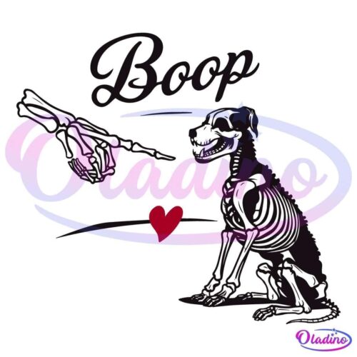 An illustration of a skeleton dog sitting with its mouth open, reaching towards a skeleton hand pointing at its nose. The word "Boop" is written above them, and there is a red heart below the hand and above the dog. The scene is on a black background.