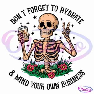 A skeleton with a cheerful expression holds a drink with a straw in one hand and makes a peace sign with the other. The skeleton is partially surrounded by grass and red flowers, set against a black background.