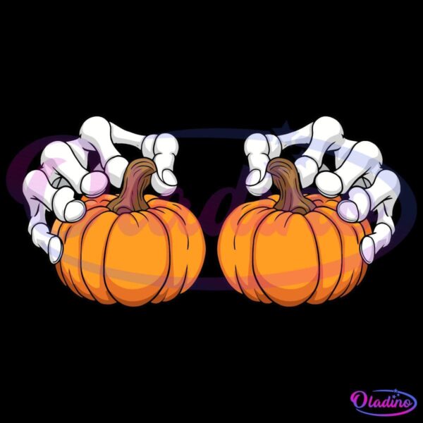 A pair of skeletal hands holding two small orange pumpkins by their stems against a black background.