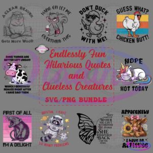 A graphic displaying a "SVG/PNG Bundle" featuring a disco ball and pink hearts at the center. Surrounding it are funny images and phrases of animals: a chicken, cow, unicorn, dragon, llama, and pig with quirky text. Title reads: "Endlessly Fun, Hilarious Quotes, and Clueless Creatures.