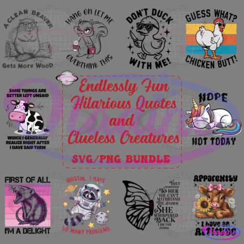 A graphic displaying a "SVG/PNG Bundle" featuring a disco ball and pink hearts at the center. Surrounding it are funny images and phrases of animals: a chicken, cow, unicorn, dragon, llama, and pig with quirky text. Title reads: "Endlessly Fun, Hilarious Quotes, and Clueless Creatures.