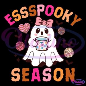 Illustration of a cute ghost wearing a pink bow and holding a flower-patterned cup. Surrounding the ghost are decorated treats and bats. Text above and below reads "ESSSPOOKY SEASON" in colorful letters. The background is black.