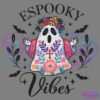 Illustration of a ghost wearing a colorful, floral Day of the Dead-style robe with a cross necklace. The ghost has its arms raised, surrounded by decorative leaves and bats. The text "ESPOOKY Vibes" is written above and below the ghost.