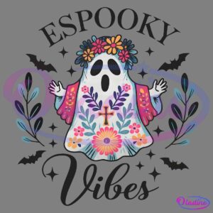 Illustration of a ghost wearing a colorful, floral Day of the Dead-style robe with a cross necklace. The ghost has its arms raised, surrounded by decorative leaves and bats. The text "ESPOOKY Vibes" is written above and below the ghost.