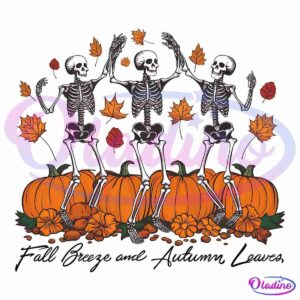 Three skeletons dance joyfully among scattered autumn leaves and pumpkins. The background is black, making the vibrant orange leaves and pumpkins stand out. The whimsical scene evokes a fun, festive Halloween atmosphere.