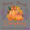 Illustration of two pumpkins adorned with bows, surrounded by colorful autumn leaves. The text reads "Farm Fresh Pumpkins" at the top and "Always Fresh & Picked Daily" at the bottom, with decorative floral elements on either side.