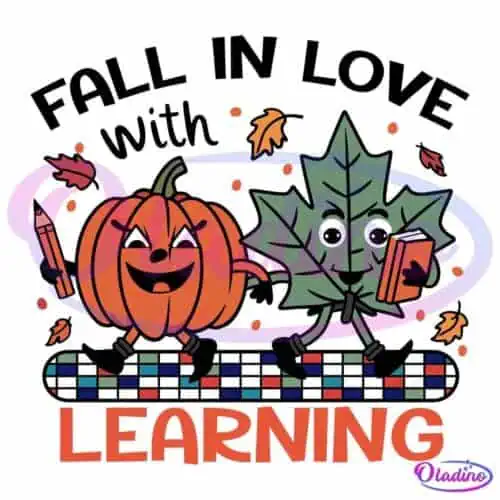 A cheerful pumpkin and an excited maple leaf holding a book skate on a colorful keyboard with the word "LEARNING" written below. Fall leaves and confetti surround them, invoking an autumn and educational theme.