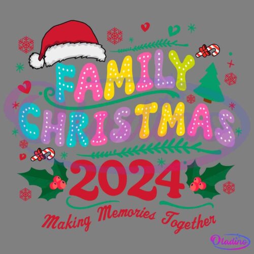 Festive illustration with the text "Family Christmas 2024" in bright colors, decorated with Christmas icons, including a Santa hat, snowflakes, holly, candy canes, and a Christmas tree, with the caption "Making Memories Together" at the bottom.