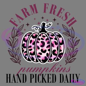 A graphic features a pink and black leopard-print pumpkin centered within a circular text design. "Farm Fresh" arcs above the pumpkin and "pumpkins" is written below in a pink, cursive font. The circular design is accented with leafy branches and small stars.