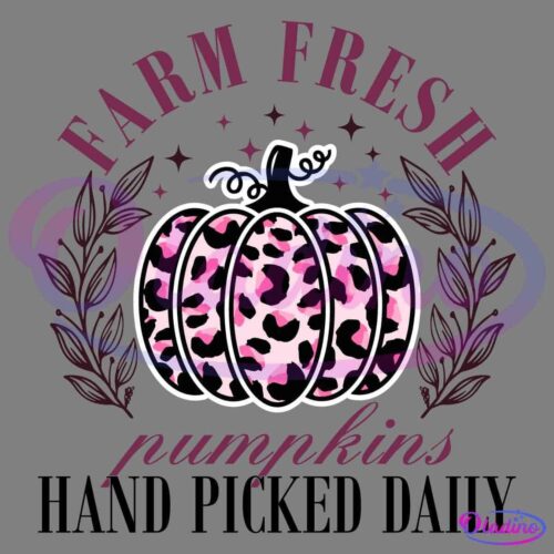 A graphic features a pink and black leopard-print pumpkin centered within a circular text design. "Farm Fresh" arcs above the pumpkin and "pumpkins" is written below in a pink, cursive font. The circular design is accented with leafy branches and small stars.