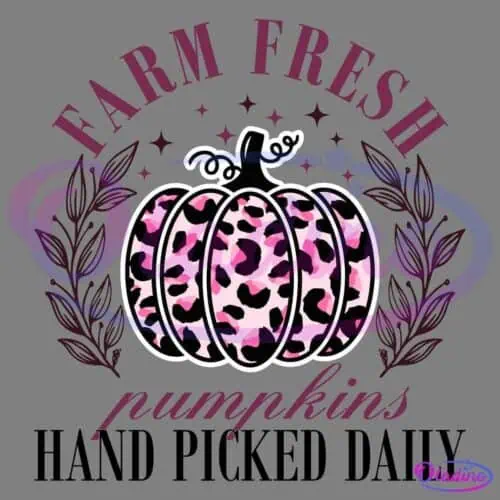 A graphic features a pink and black leopard-print pumpkin centered within a circular text design. "Farm Fresh" arcs above the pumpkin and "pumpkins" is written below in a pink, cursive font. The circular design is accented with leafy branches and small stars.