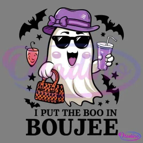 A cartoon ghost wearing a purple hat and sunglasses holds a cup with a straw and an orange handbag. There are black bats and stars in the background. A smiling pumpkin balloon floats beside the ghost. Text at the bottom reads "I put the boo in Boujee.