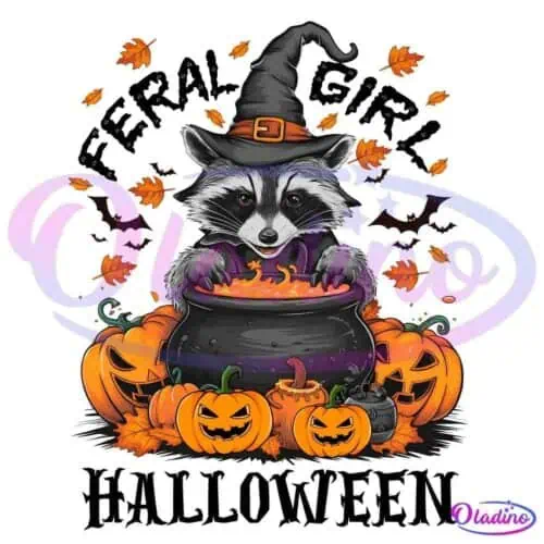 A cartoon raccoon wearing a witch hat stirs a cauldron filled with a glowing mixture. Surrounding the raccoon are various carved pumpkins with different expressions and colorful fall leaves. Bats fly in the background, adding to the Halloween theme.