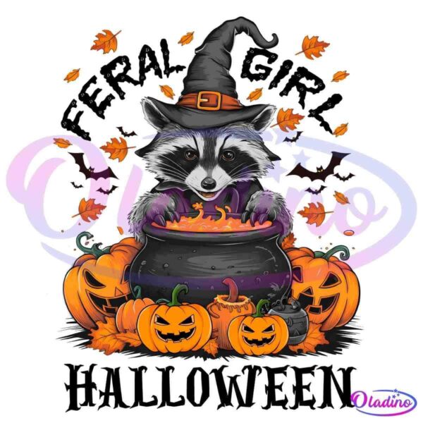 A cartoon raccoon wearing a witch hat stirs a cauldron filled with a glowing mixture. Surrounding the raccoon are various carved pumpkins with different expressions and colorful fall leaves. Bats fly in the background, adding to the Halloween theme.