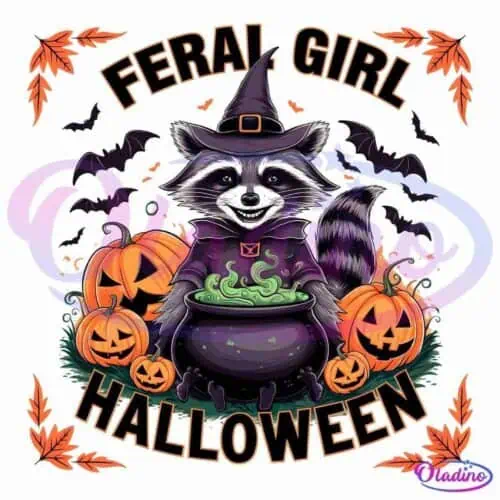 A whimsical raccoon dressed as a witch stands surrounded by carved jack-o'-lanterns, a bubbling cauldron, and flying bats. The words "Feral Girl Halloween" frame the scene, with red autumn leaves in the corners.