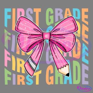 A bright, colorful illustration features a large pink ribbon with pencil details. Behind the ribbon, the words "FIRST GRADE" are repeated in bold, multicolored letters. The background is black, making the text and ribbon stand out vividly.