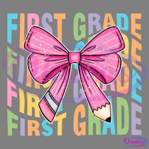 A bright, colorful illustration features a large pink ribbon with pencil details. Behind the ribbon, the words "FIRST GRADE" are repeated in bold, multicolored letters. The background is black, making the text and ribbon stand out vividly.