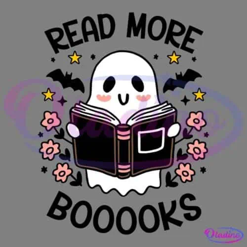 A cute cartoon ghost with rosy cheeks is holding an open book. The ghost is surrounded by small yellow stars and pink flowers, all set against a black background. The ghost appears to be smiling and absorbed in reading.