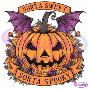 A smiling jack-o'-lantern is surrounded by an arrangement of yellow and purple flowers. Above the pumpkin are purple bat wings. An orange ribbon banner at the top reads "Sorta Sweet," and another at the bottom reads "Sorta Spooky.