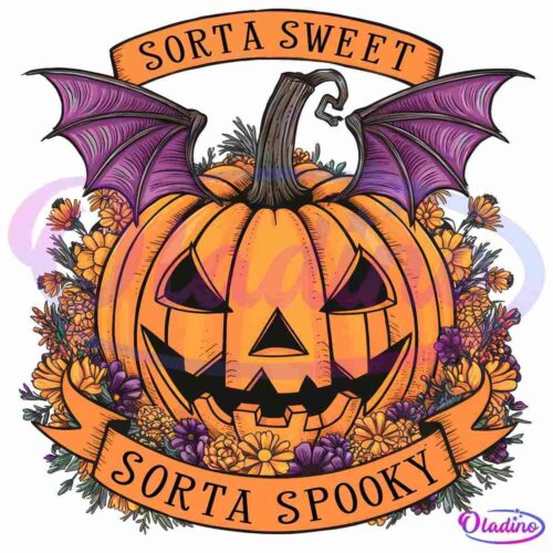 A smiling jack-o'-lantern is surrounded by an arrangement of yellow and purple flowers. Above the pumpkin are purple bat wings. An orange ribbon banner at the top reads "Sorta Sweet," and another at the bottom reads "Sorta Spooky.